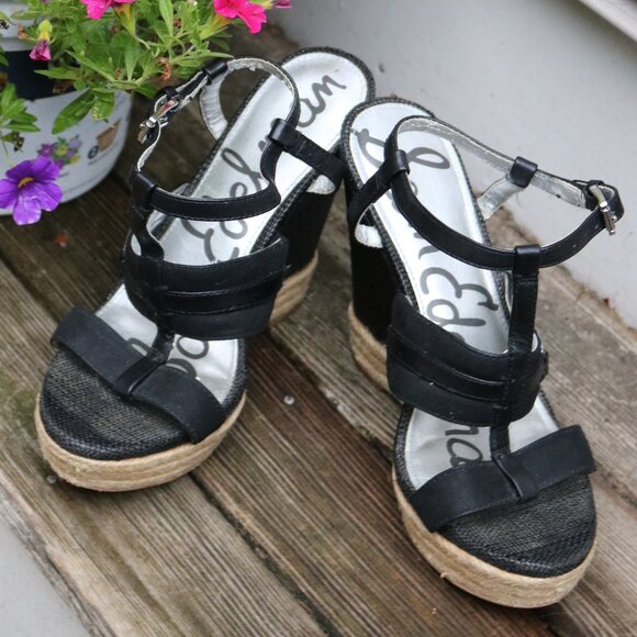 Sam Edelman Karly Black Leather Strappy Ankle Wrap Straw Wedge w Rope Trim Sz 7 - Picture 2 of 10